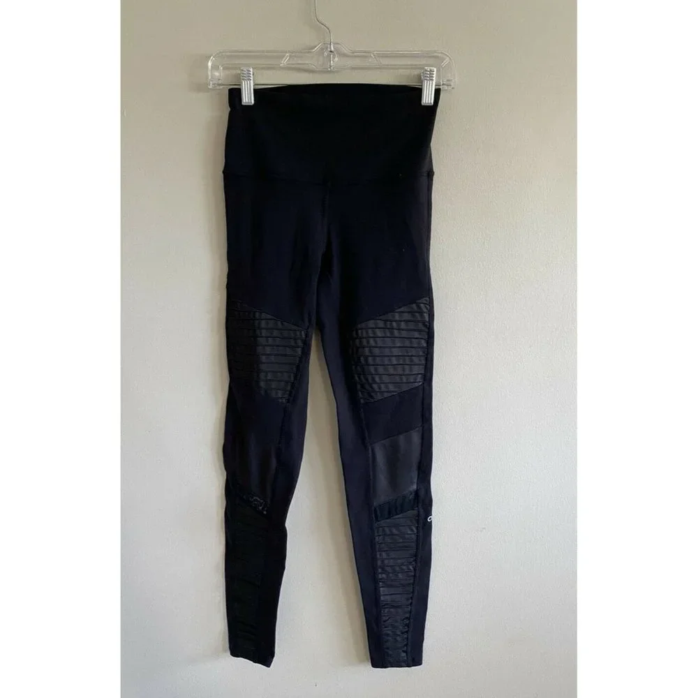 Alo Yoga High-Waist Moto Legging Size S Black Glossy Faux Leather Mesh Panels